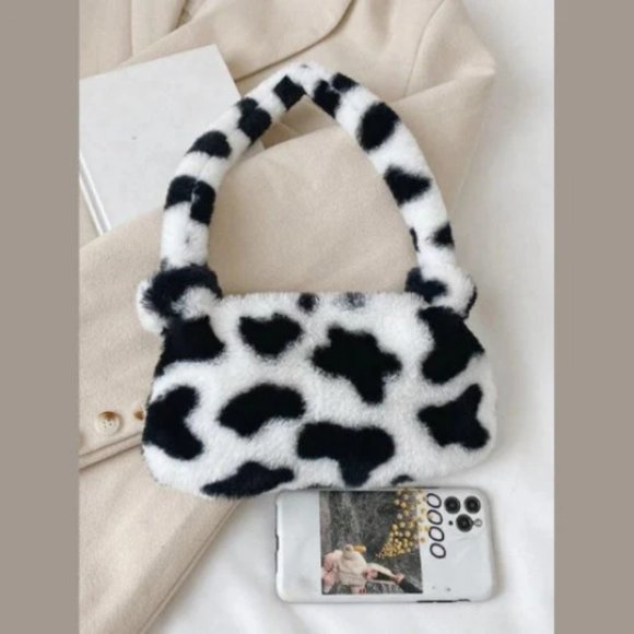 Cow Pattern Furry Underarm Bag Mini Plush Shoulder Handbags Purse Cow Fuzzy Bag - Picture 5 of 6